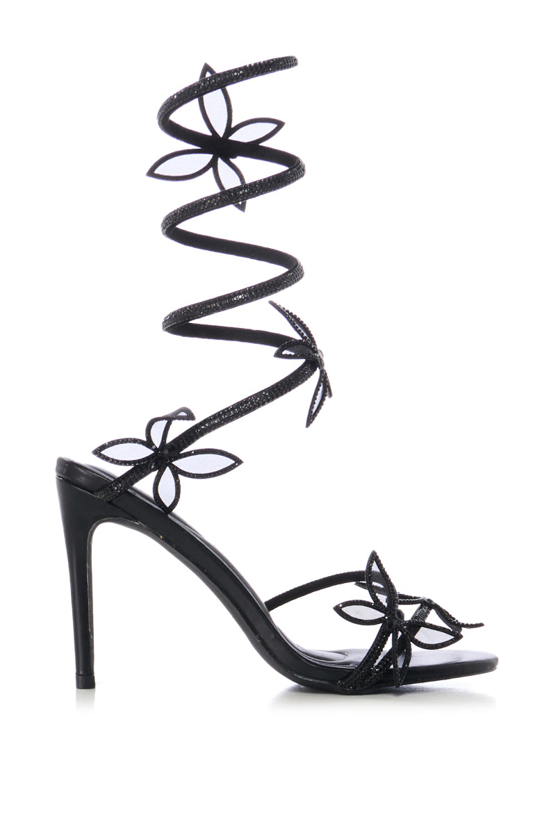 Side View Azalea Wang Dancy Black Butterfly Wrap Up Stiletto Sandal
