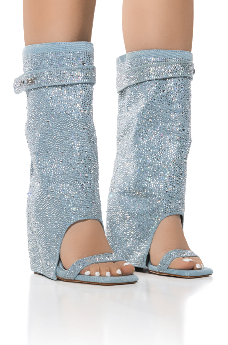Front View Azalea Wang Desaray Rhinestone Bootie In Denim