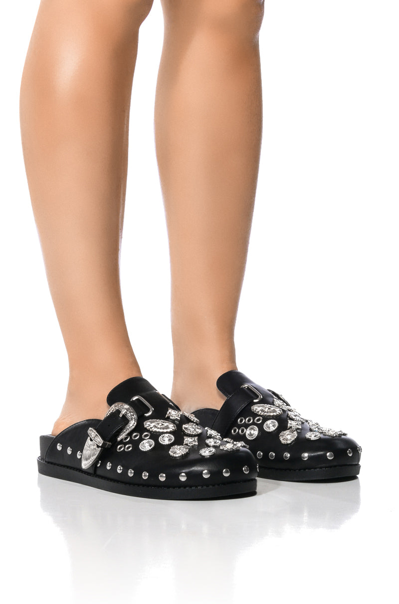 Front View Azalea Wang Desert Flower Studded Western Flat Clog In Black