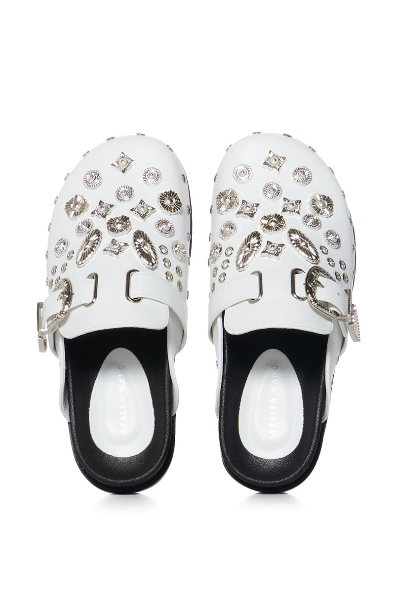 Side View Azalea Wang Desert Flower Studded Western Flat Clog In White