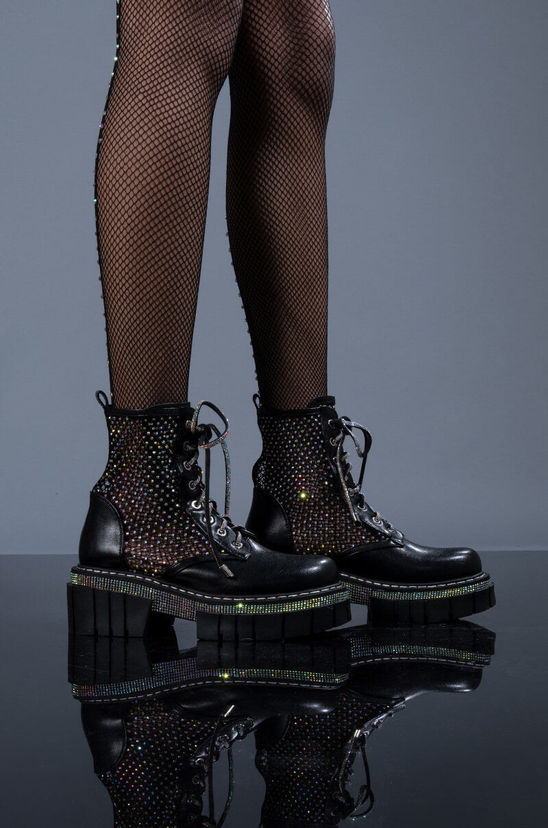 Front View Azalea Wang Diamond Drip Flatform Bootie In Black