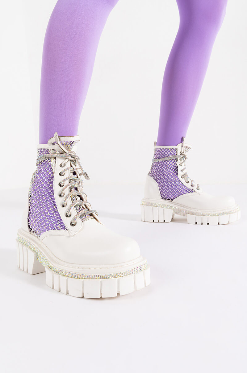 Front View Azalea Wang Diamond Drip Flatform Bootie In White