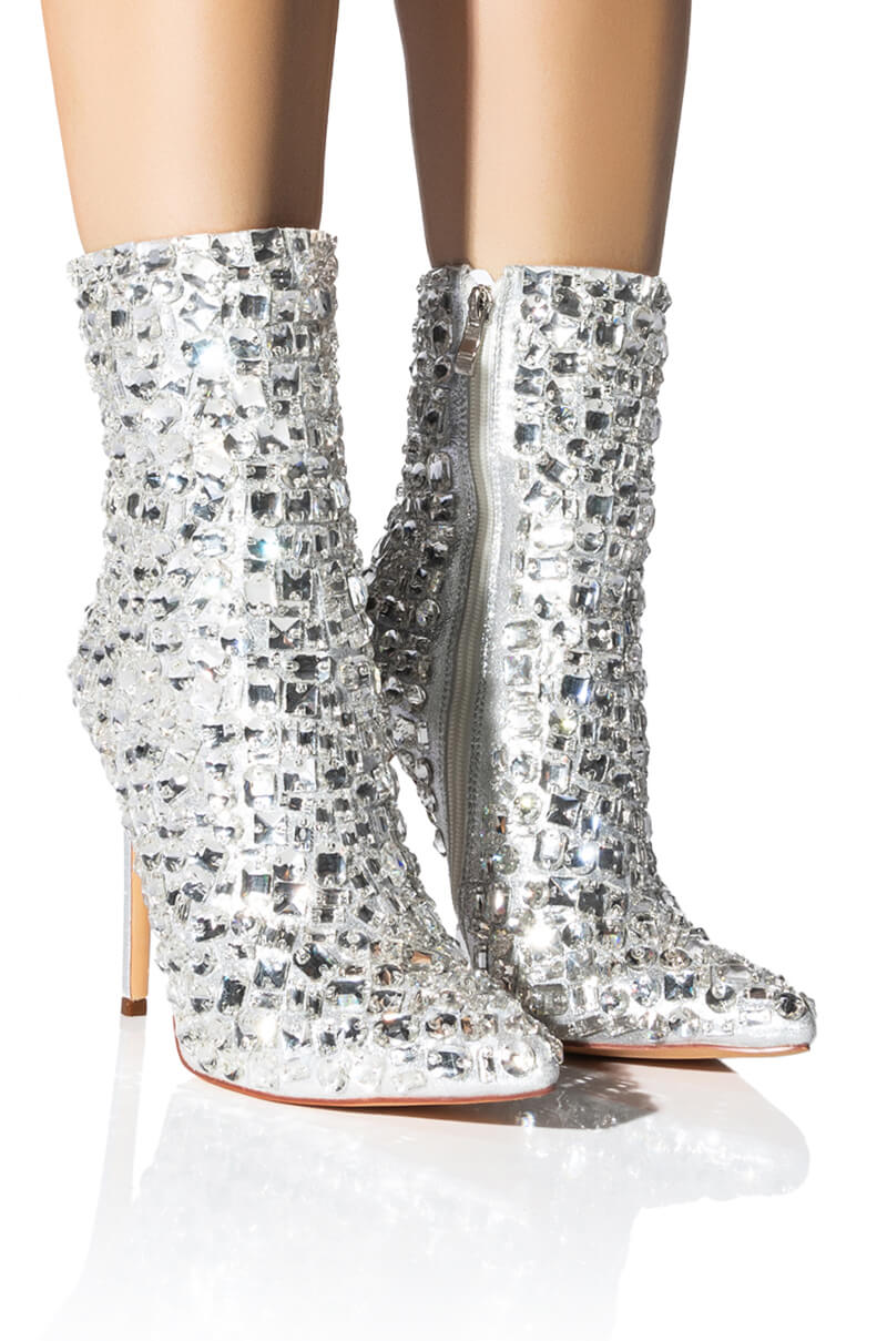 Front View Azalea Wang Diamonds Are My Besties Stiletto Bootie In Silver