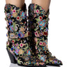 Front View Azalea Wang Diligent Gem Embellished Brocade Western Bootie In Black