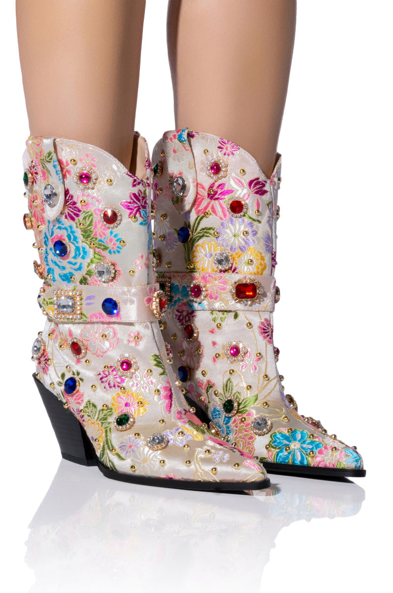 Front View Azalea Wang Diligent Gem Embellished Brocade Western Bootie In Bone