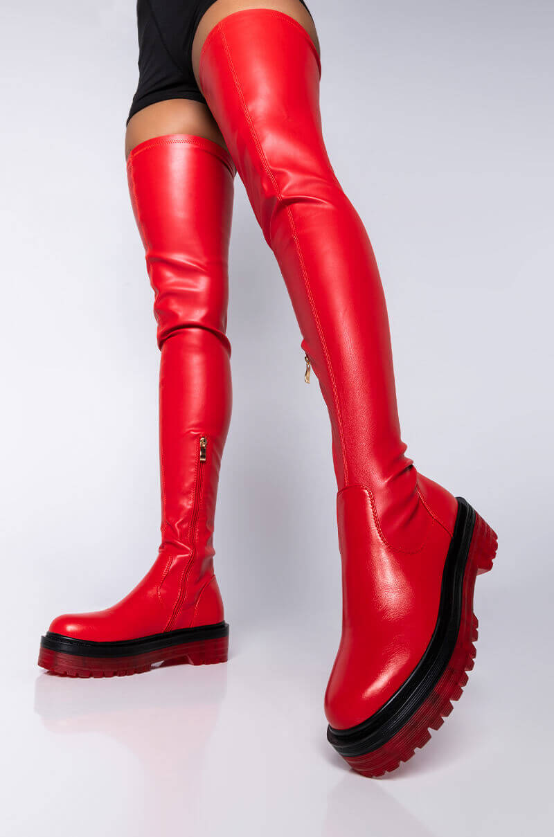 Front View Azalea Wang Do It To Ya Flatform Boot In Red in Red