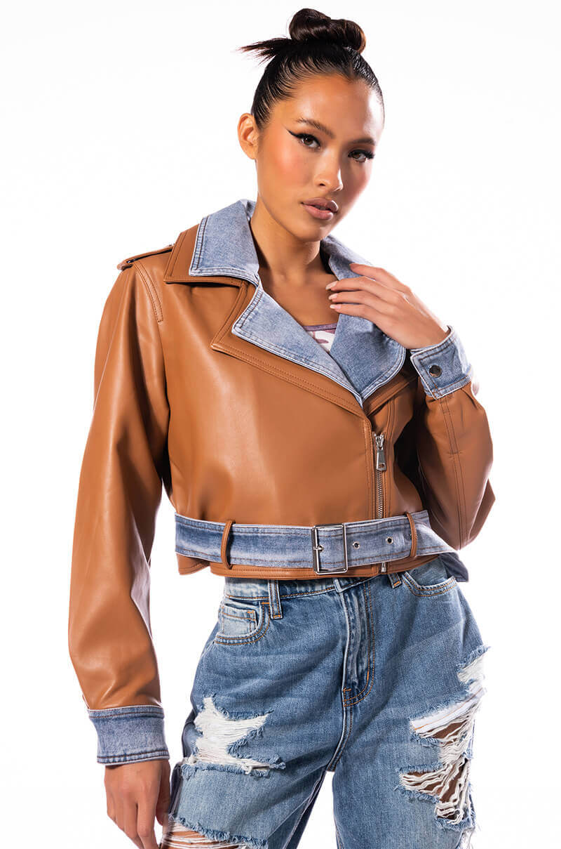 Front View Azalea Wang Double Trouble Denim Moto Jacket
