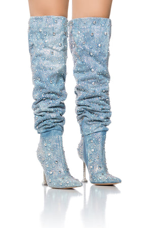 Denim thigh boots hotsell