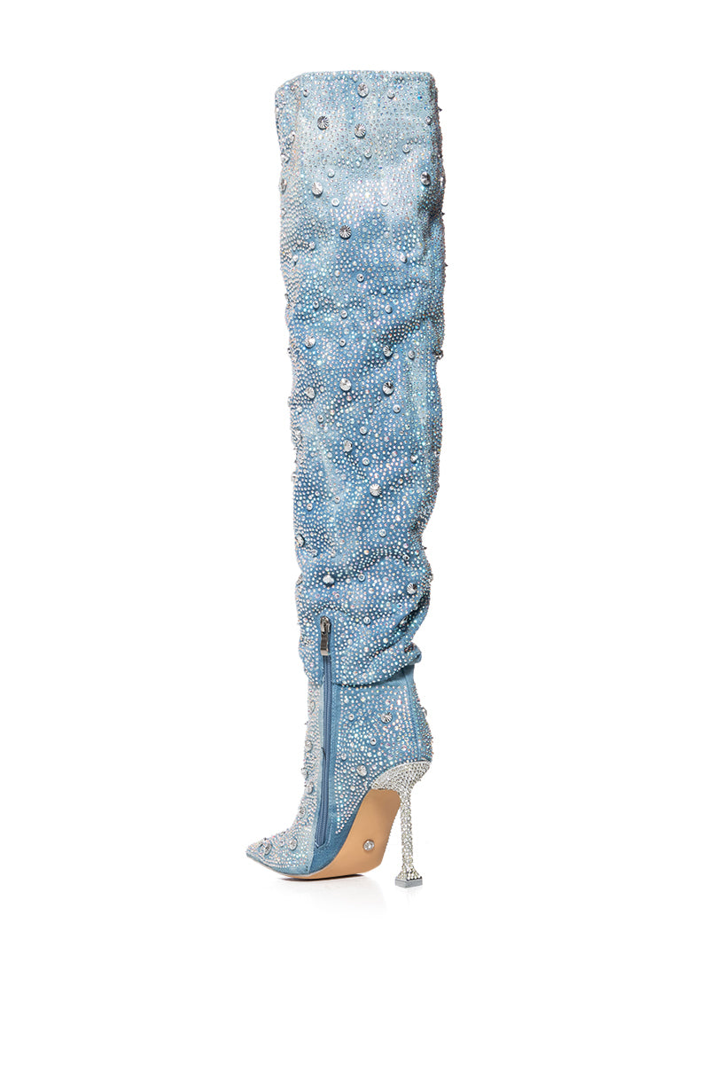 Detail View Azalea Wang Doughty Embellished Thigh High Boot In Denim