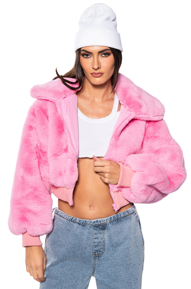 Front View Azalea Wang Drew Faux Fur Bomber With Ribbed Knit Trim In Pink