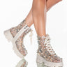 Front View Azalea Wang Dripping In Pearls Flatform Bootie In Nude