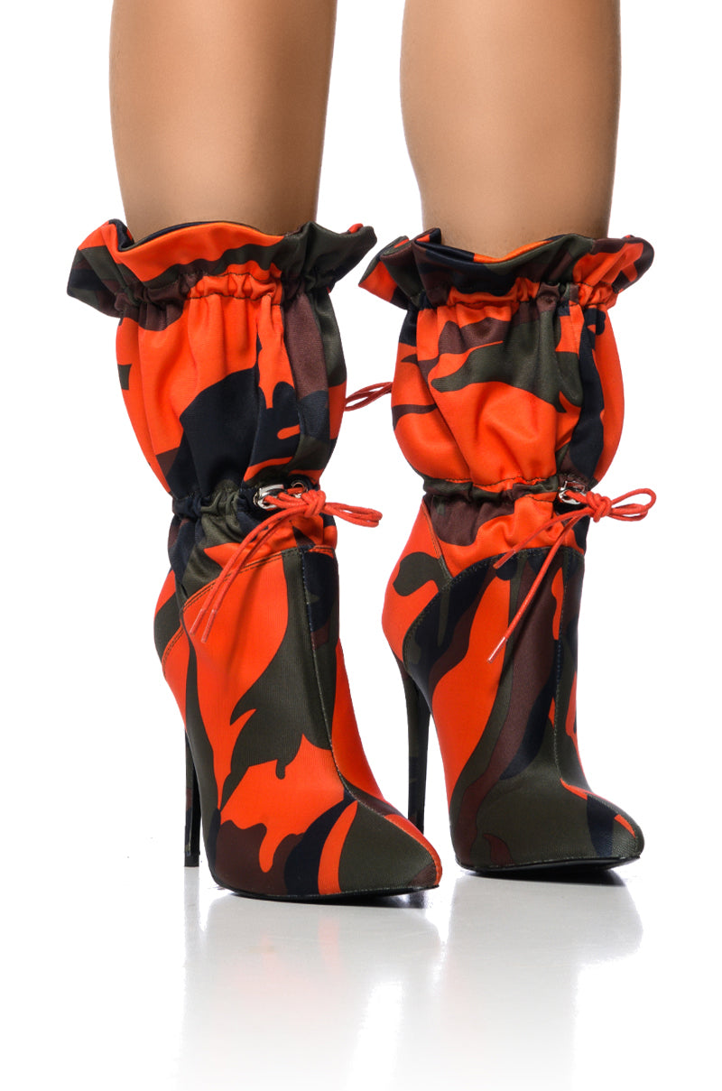Front View Azalea Wang Eagles Slouch Stiletto Bootie In Camo