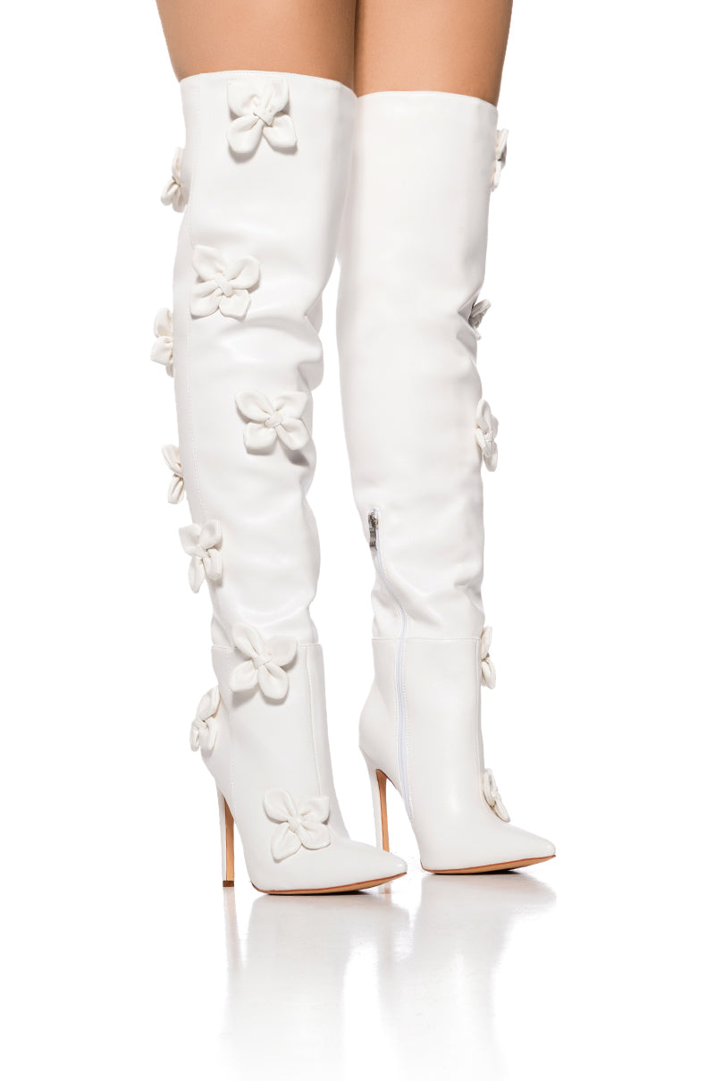 Front View Azalea Wang Effie Flower Embellished Stiletto Boot In White