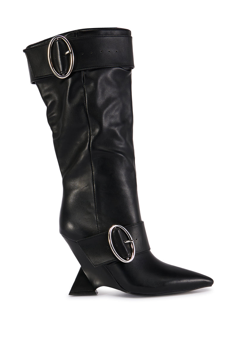Side View Azalea Wang Elaborate Black Abstract Wedge Heel Boot