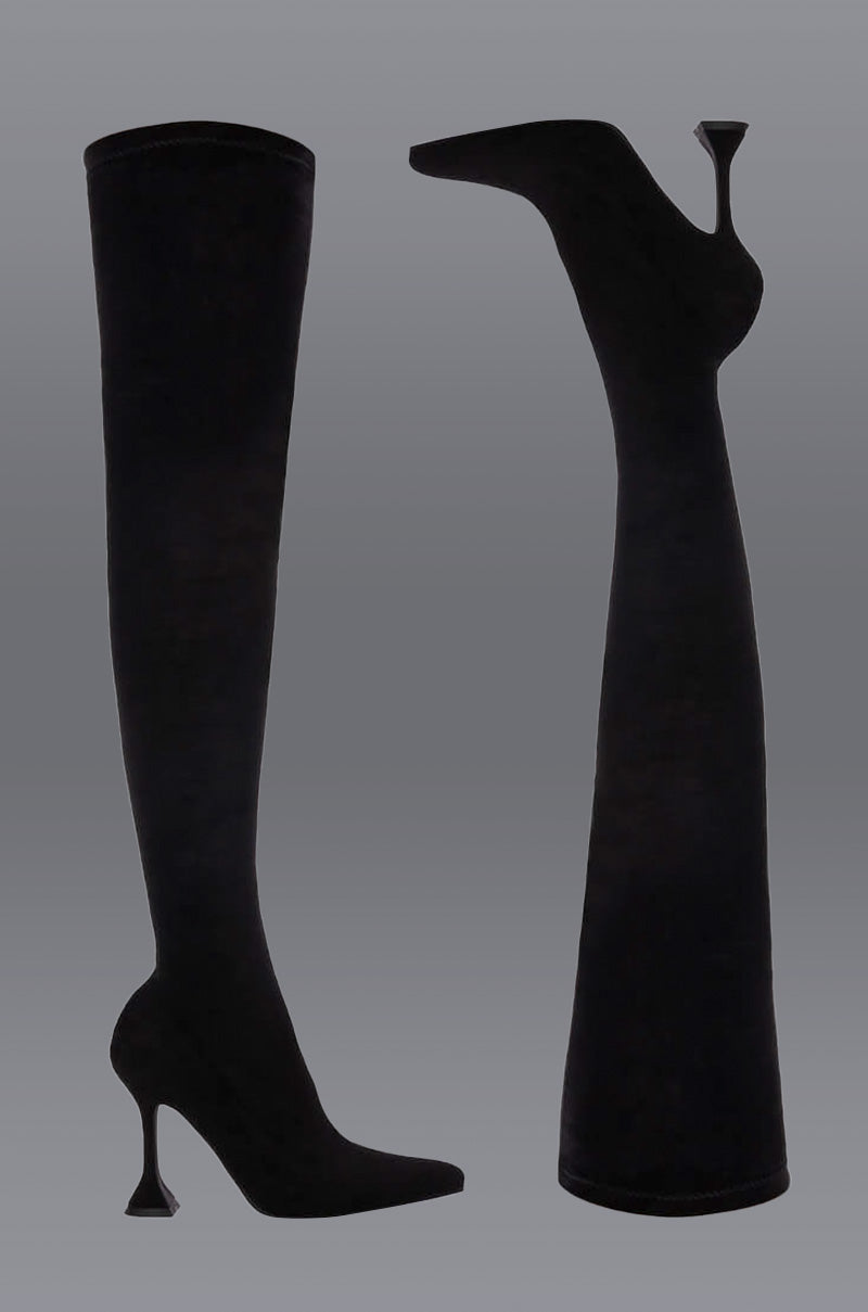 Front View Azalea Wang Elevate Thigh High Stretch Suede Boot In Black