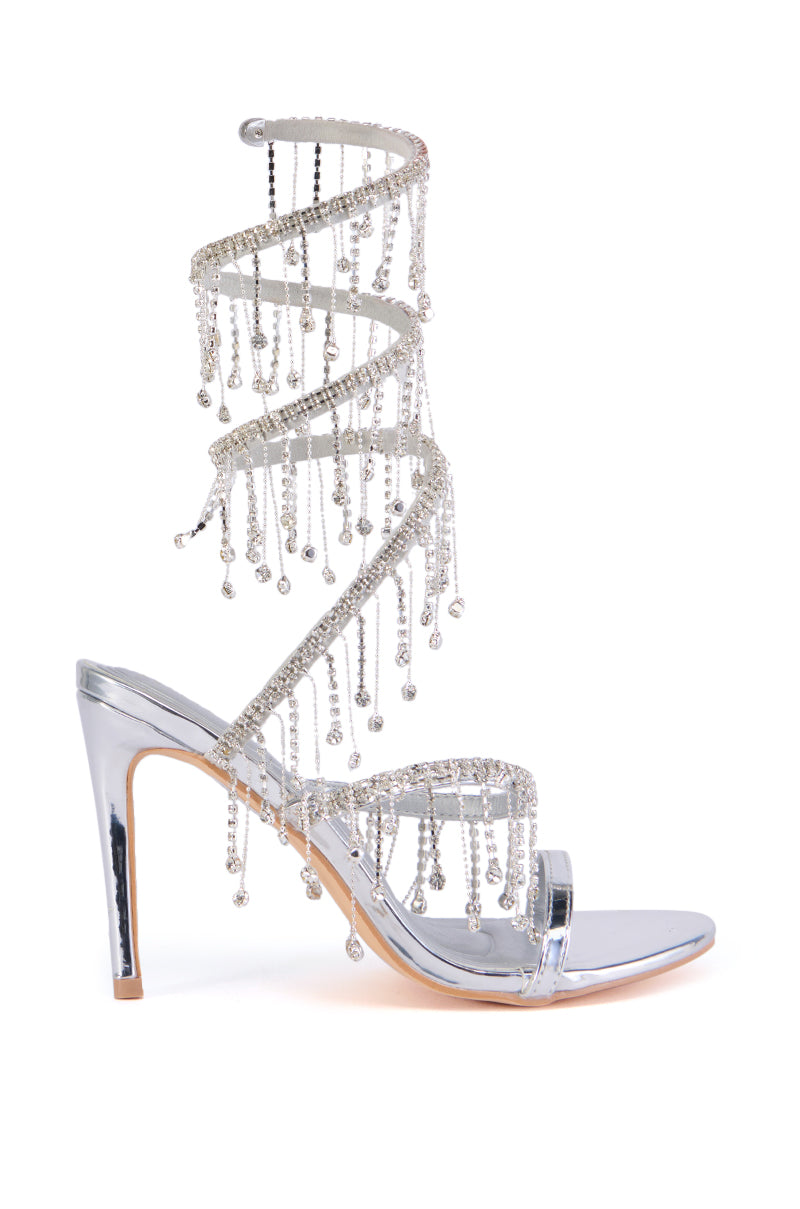 Side View Azalea Wang Elke Silver Coil Diamond Drip Sandal