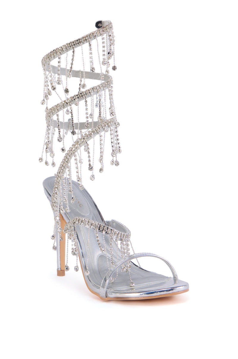 Back View Azalea Wang Elke Silver Coil Diamond Drip Sandal