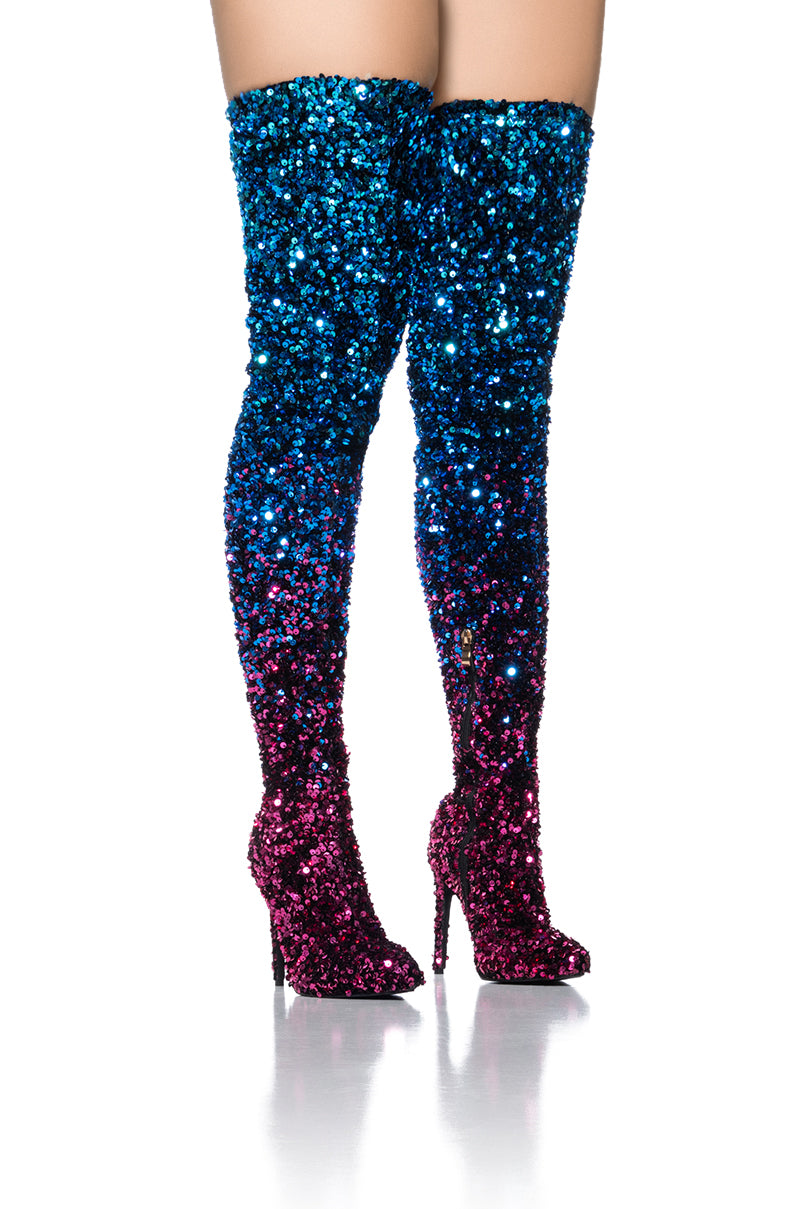 Front View Azalea Wang Elliana Ombre Sequin Thigh High Boot In Blue Multi