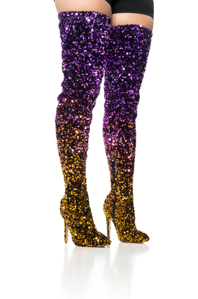 Front View Azalea Wang Elliana Ombre Sequin Thigh High Boot In Multi