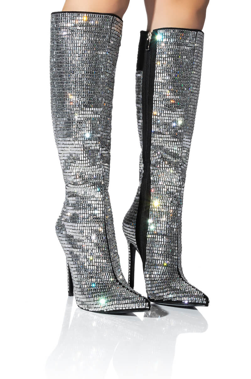 Front View Azalea Wang Eloise Rhinestone Stiletto Boot In Silver