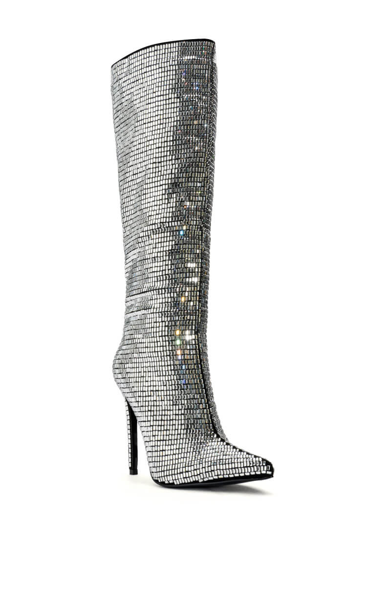 Back View Azalea Wang Eloise Rhinestone Stiletto Boot In Silver