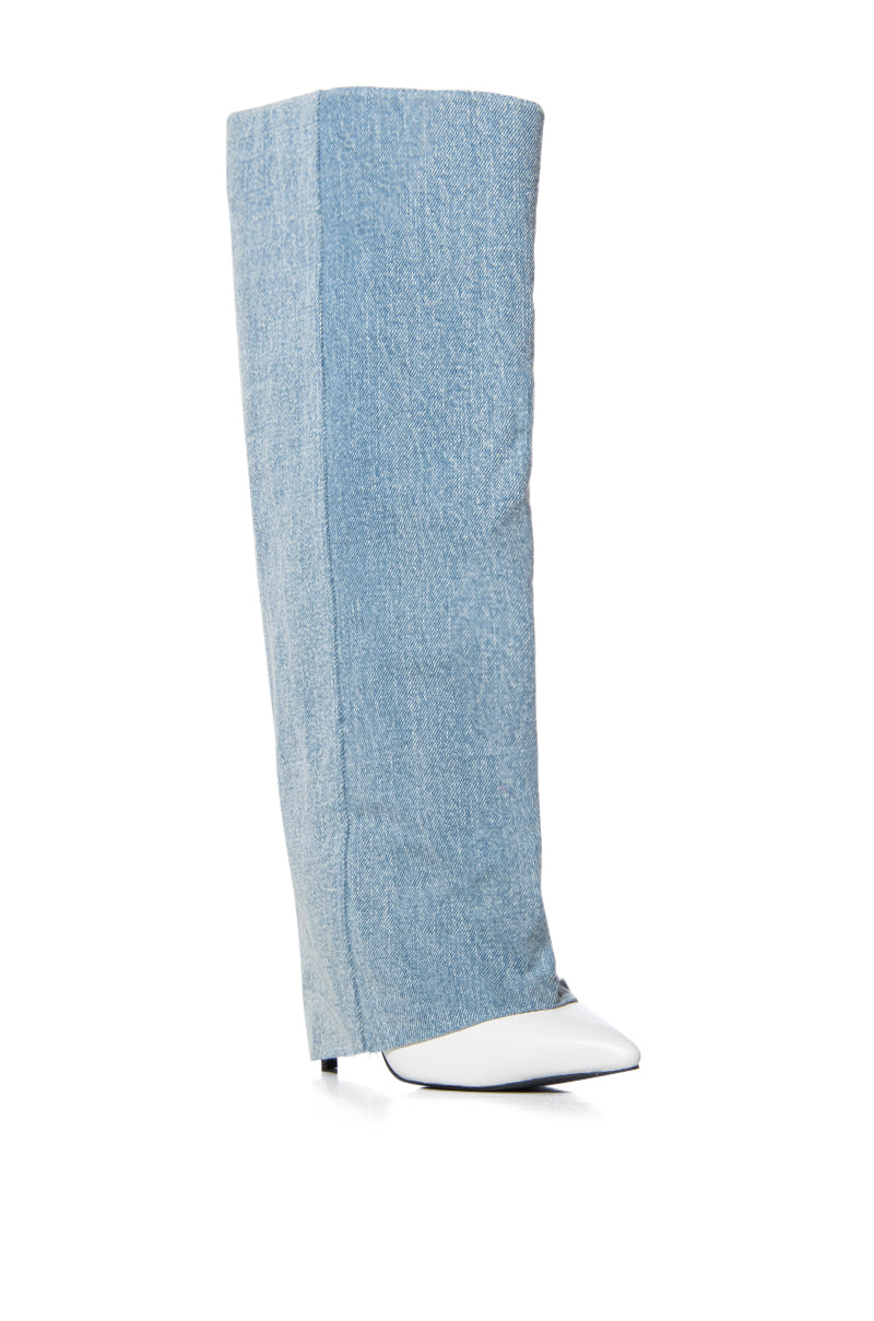 Back View Azalea Wang Elora Knee High Foldover Stiletto Boot In Denim