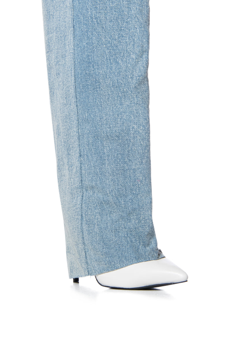 Full View Azalea Wang Elora Knee High Foldover Stiletto Boot In Denim