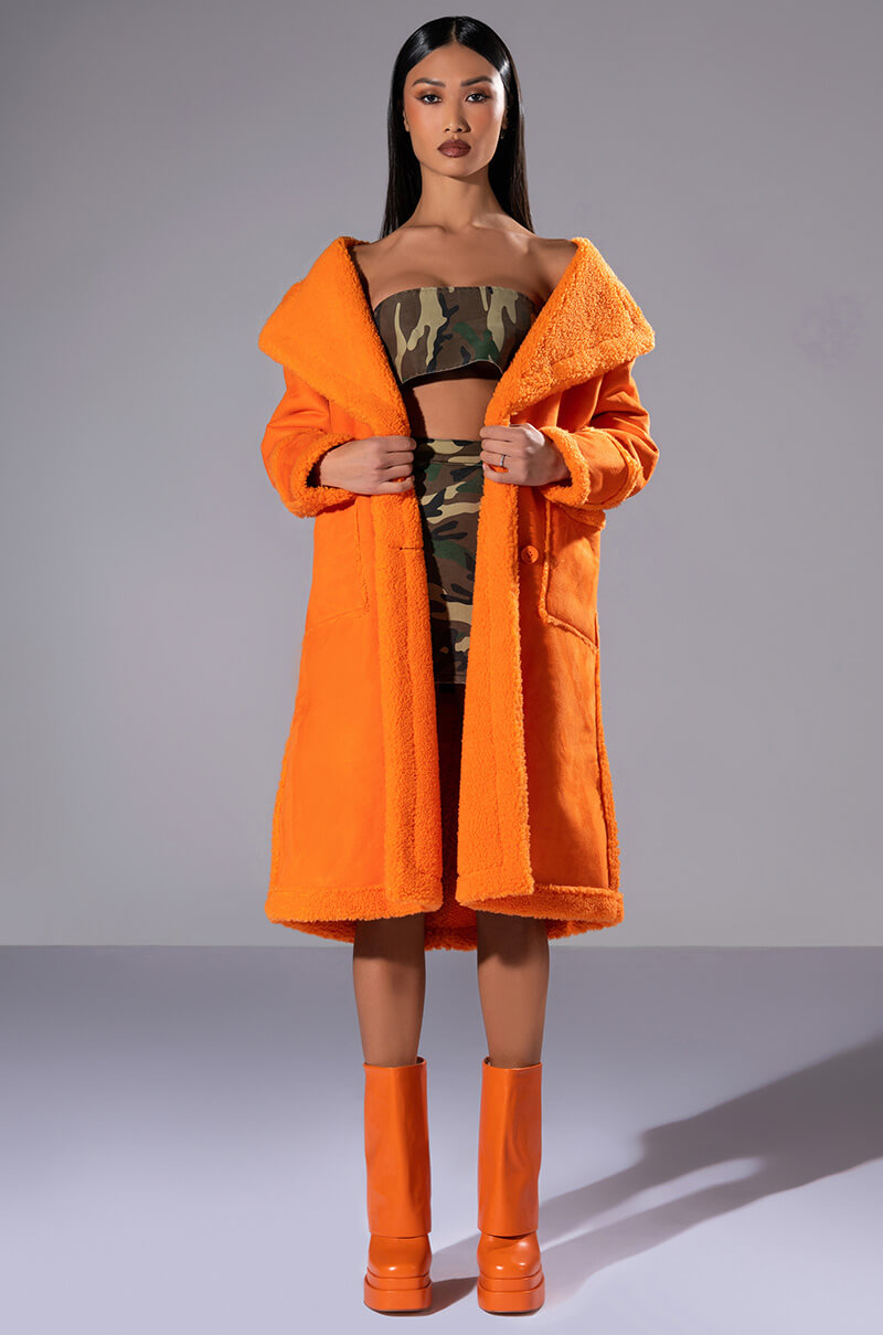Front View Azalea Wang Endless Love Orange Teddy Trench