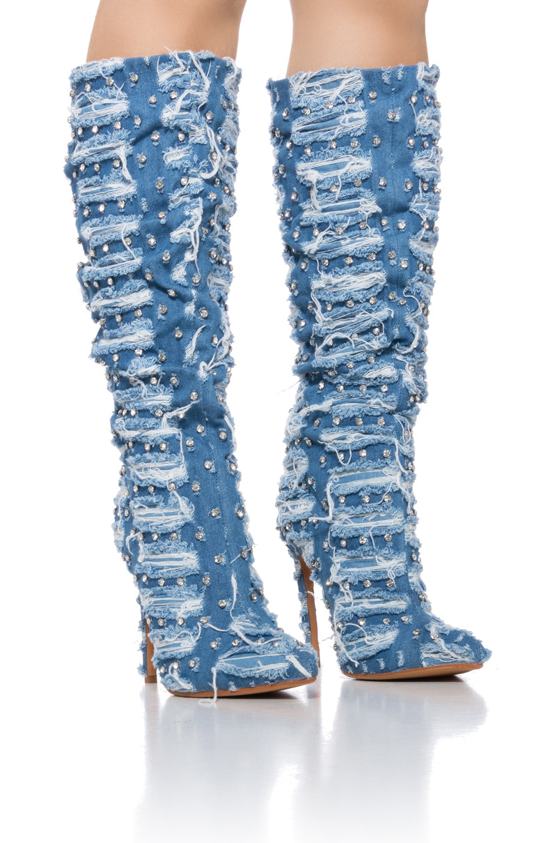 Front View Azalea Wang Energized Distressed Denim Rhinestone Boot 0
