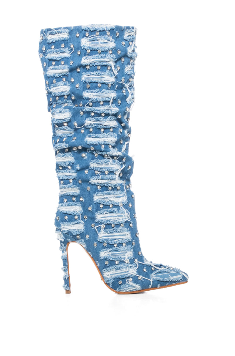 Side View Azalea Wang Energized Distressed Denim Rhinestone Boot 1