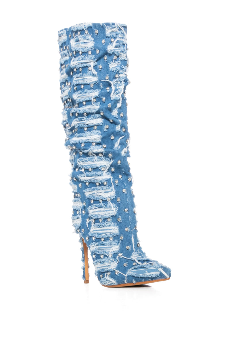 Back View Azalea Wang Energized Distressed Denim Rhinestone Boot 2