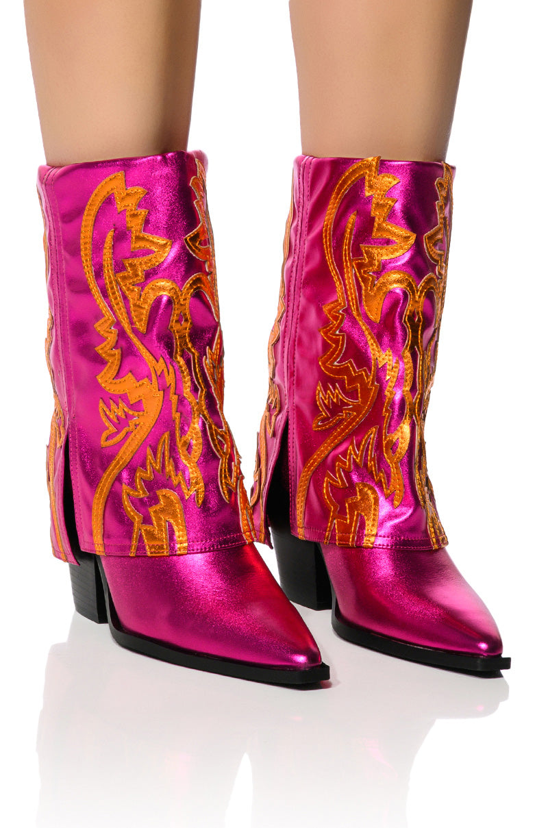 Front View Azalea Wang Esperanza Western Style Bootie In Metallic Fuchsia