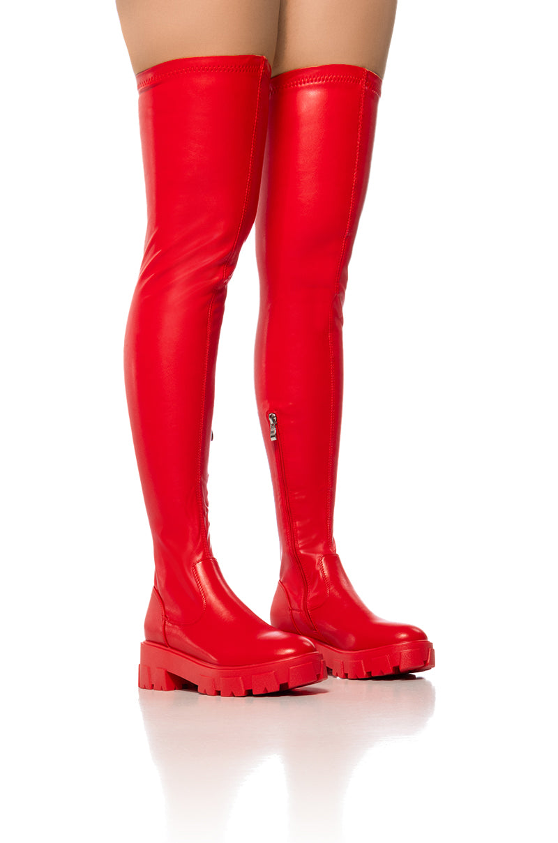 AZALEA WANG LATE NIGHTS OVER THE KNEE FLATFORM BOOT WITH 4 WAY STRETCH IN RED view 0