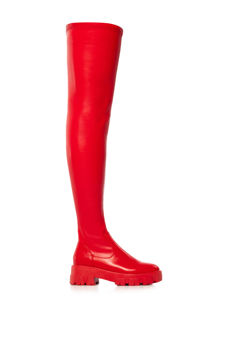 Side View Azalea Wang Eureva Over The Knee Boot With 4 Way Stretch In Red