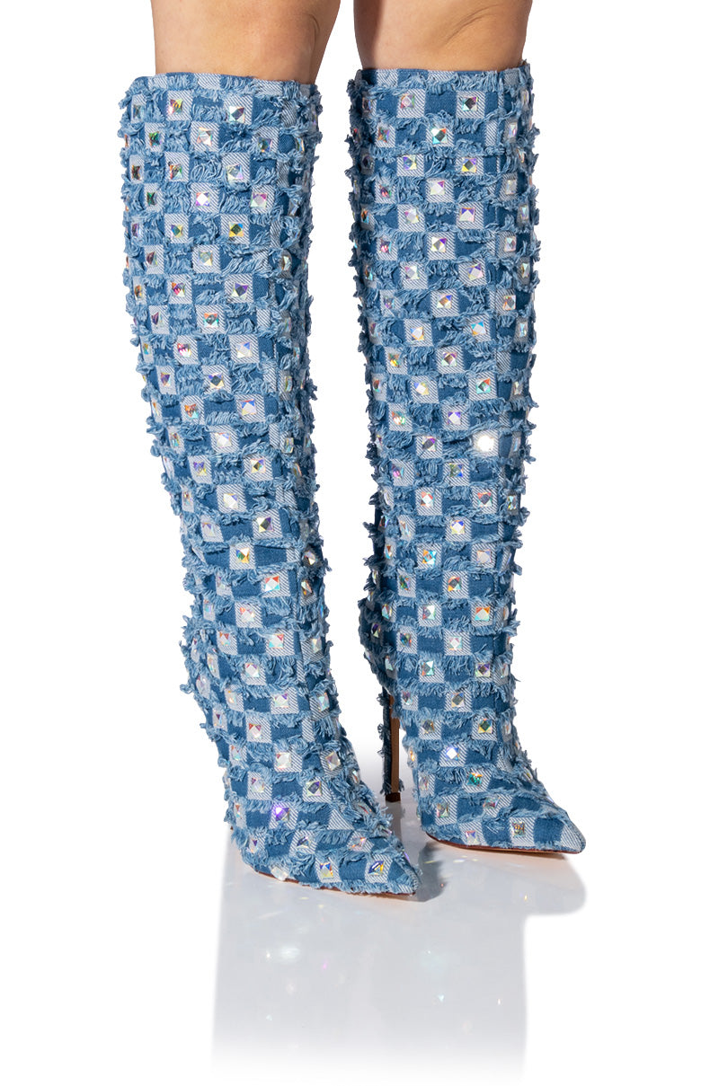 Front View Azalea Wang Eve Distressed Denim Boot 1