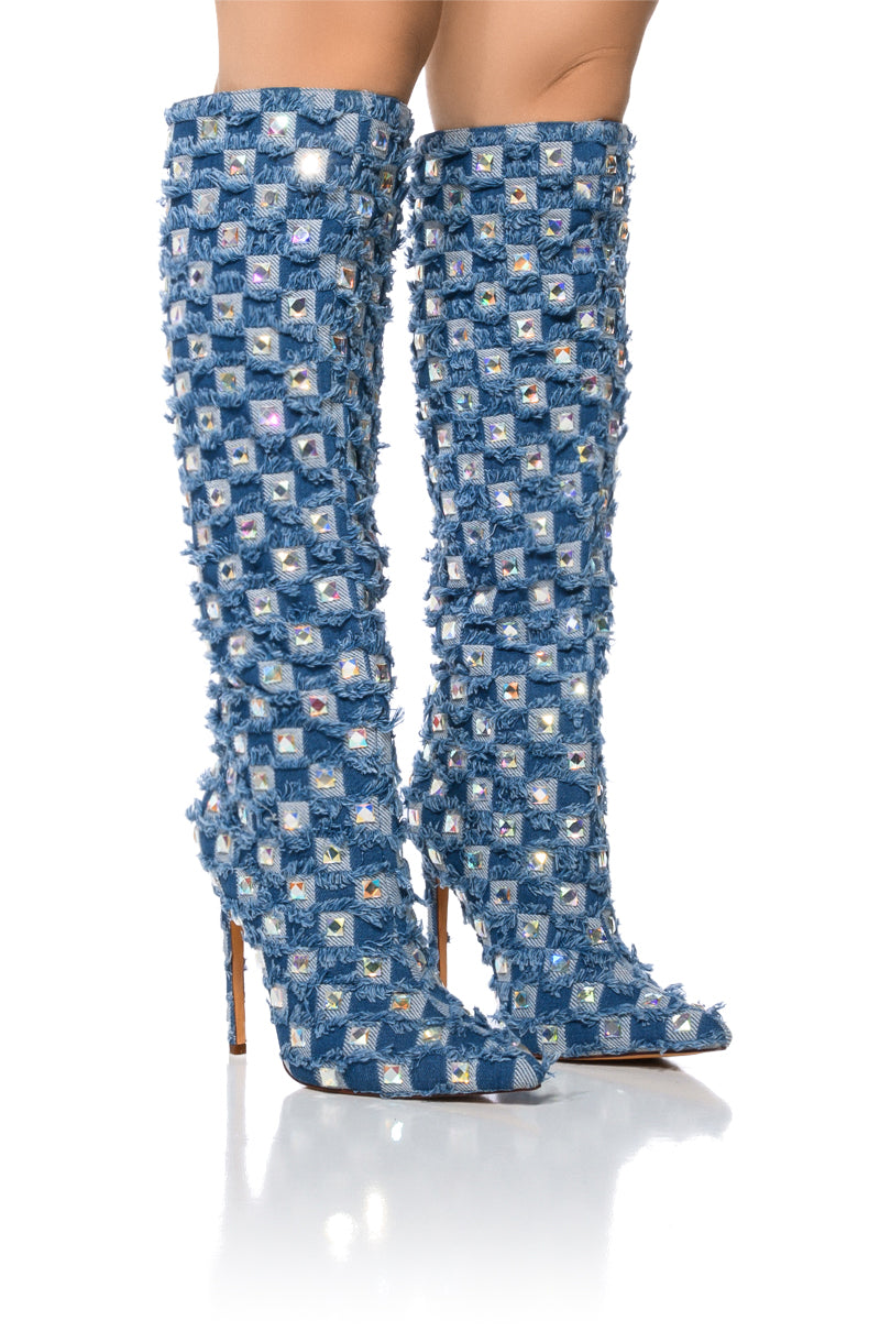 Front View Azalea Wang Eve Distressed Denim Boot 0