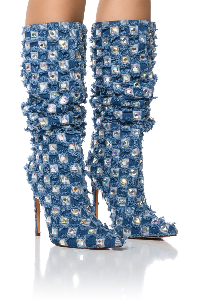 Side View Azalea Wang Eve Distressed Denim Boot 2