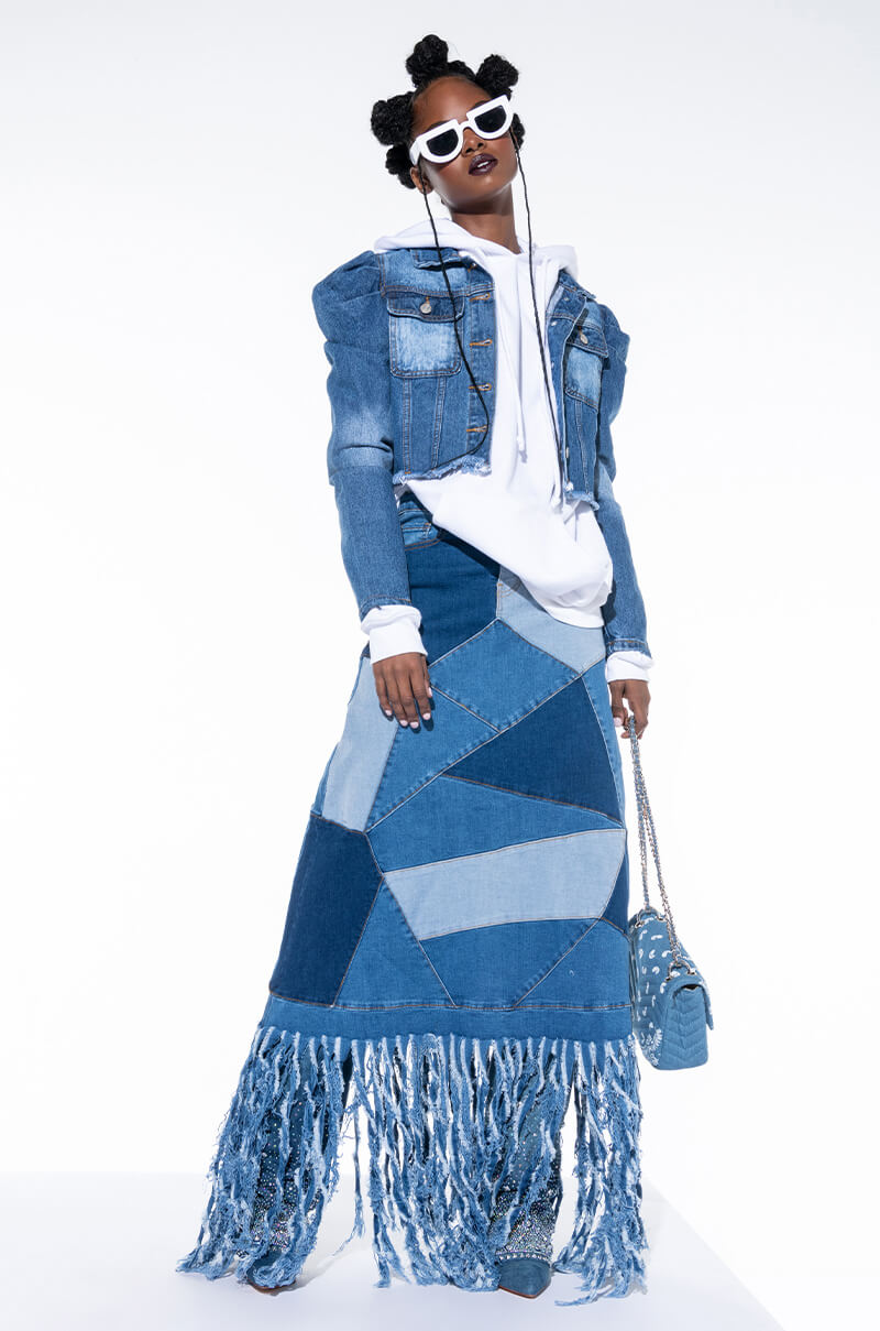 Side View Azalea Wang Everyday Puff Shoulder Denim Jacket 1