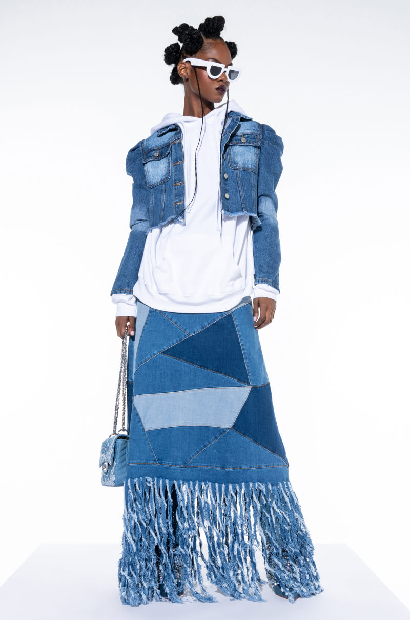 Back View Azalea Wang Everyday Puff Shoulder Denim Jacket 2