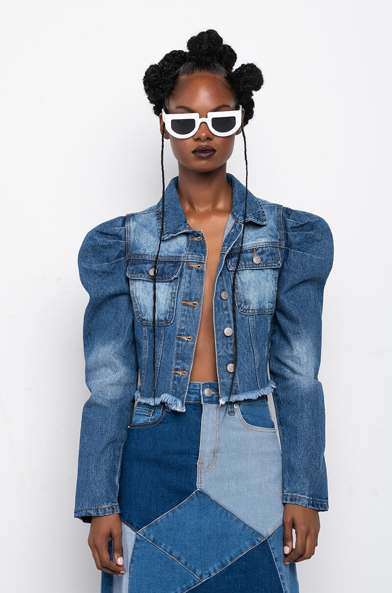Detail View Azalea Wang Everyday Puff Shoulder Denim Jacket 3