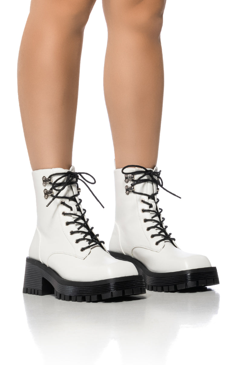 Front View Azalea Wang Exton White Combat Bootie