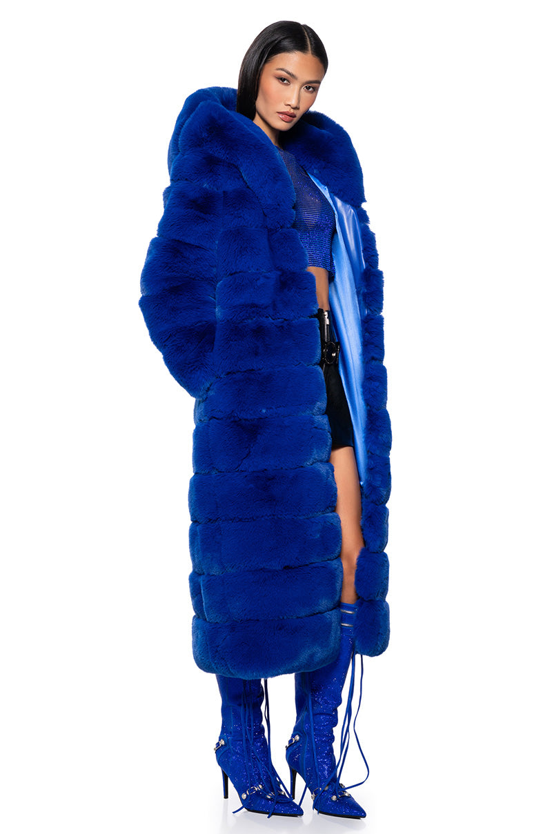 Front View Azalea Wang Faux Fur Panel Hooded Trench In Blue