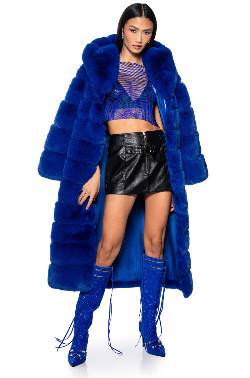 Side View Azalea Wang Faux Fur Panel Hooded Trench In Blue
