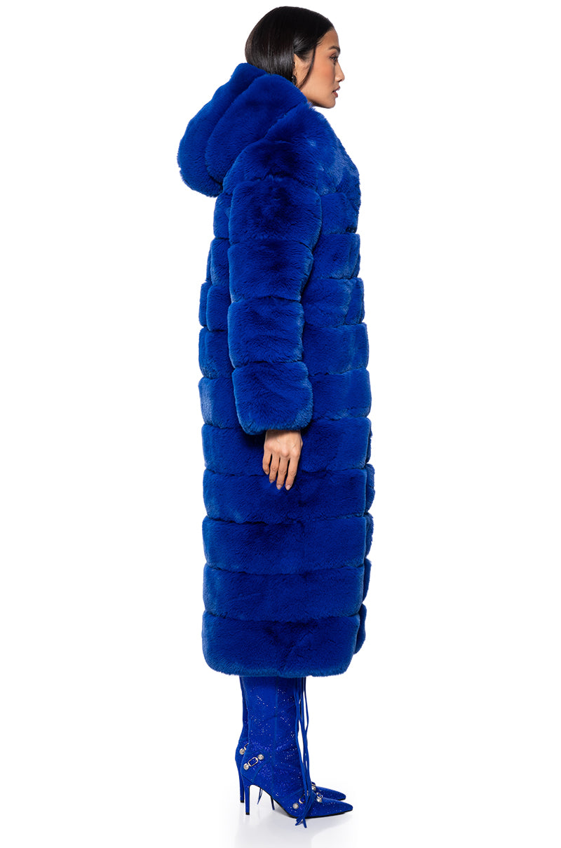 Detail View Azalea Wang Faux Fur Panel Hooded Trench In Blue