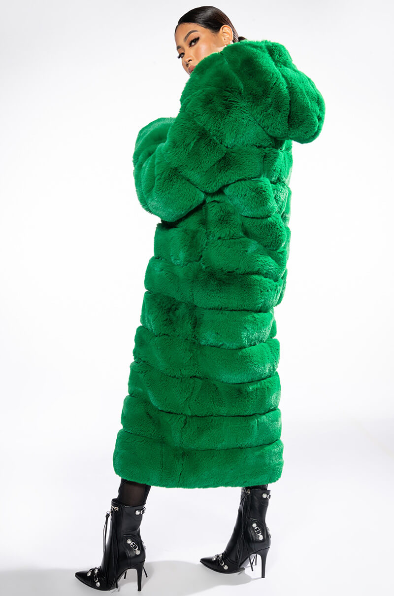 Back View Azalea Wang Faux Fur Panel Hooded Trench In Green