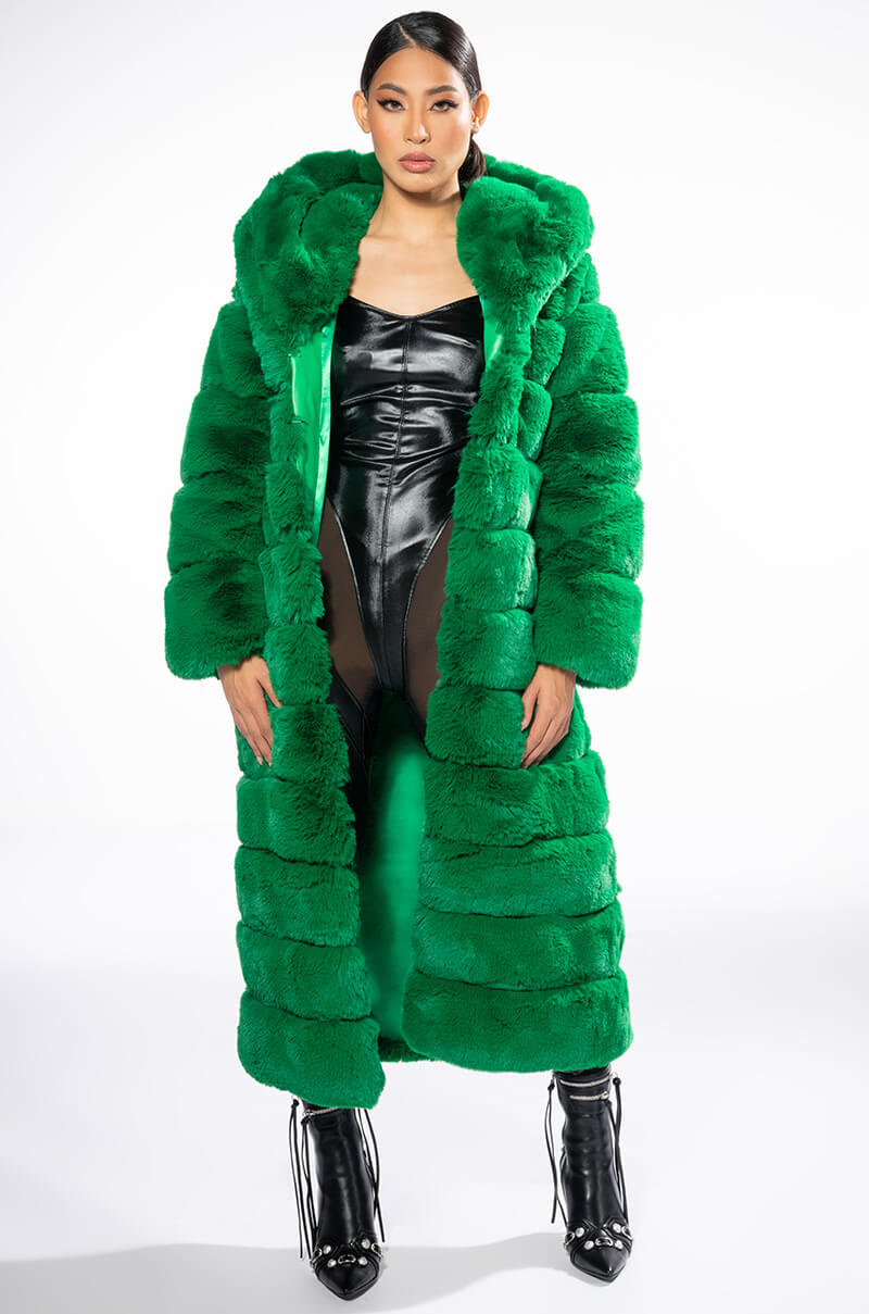 LUXE JENNY FAUX FUR LONG COAT IN GREEN AKIRA LUXE JENNY FAUX FUR LONG COAT IN GREEN AKIRA