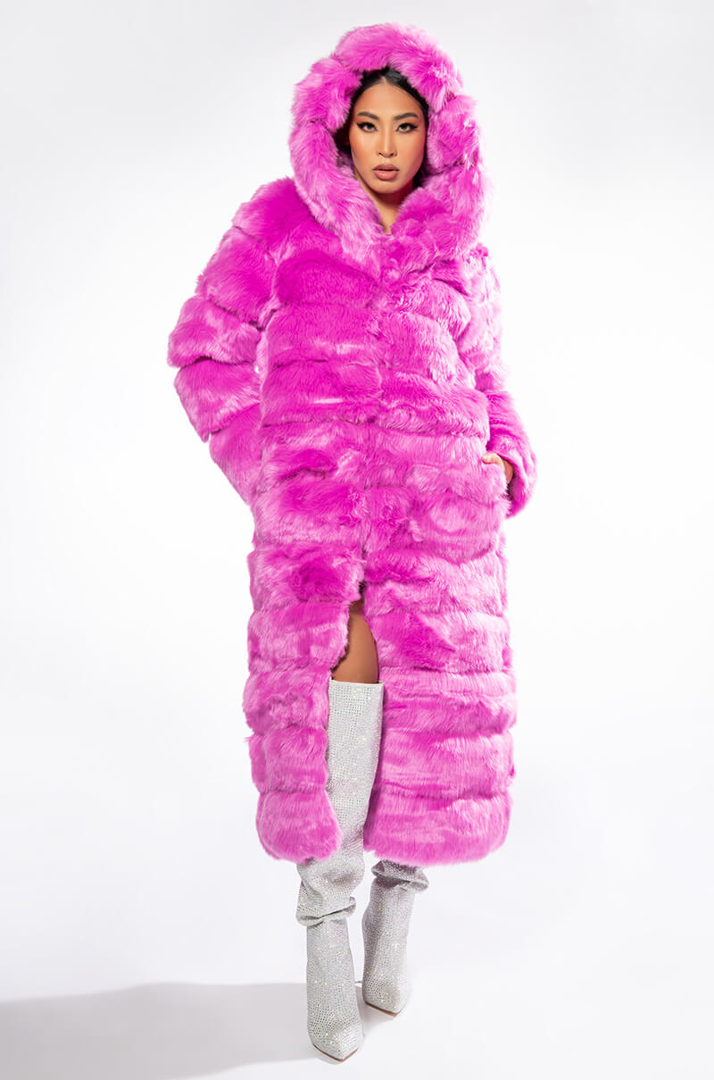 Front View Azalea Wang Faux Fur Panel Hooded Trench In Pink