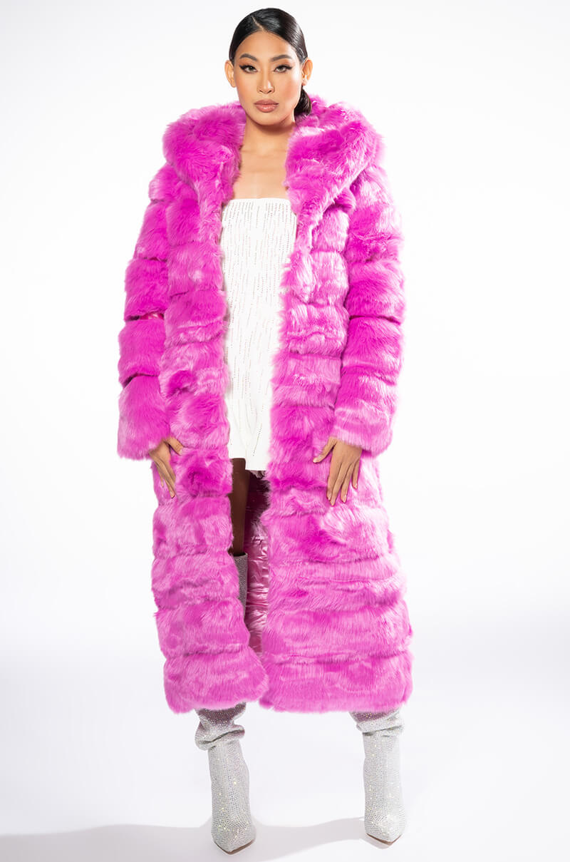 Back View Azalea Wang Faux Fur Panel Hooded Trench In Pink