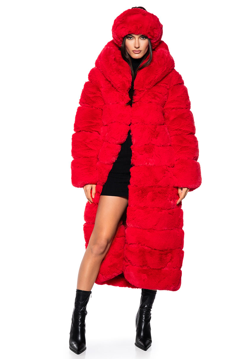 Front View Azalea Wang Faux Fur Panel Hooded Trench In Red