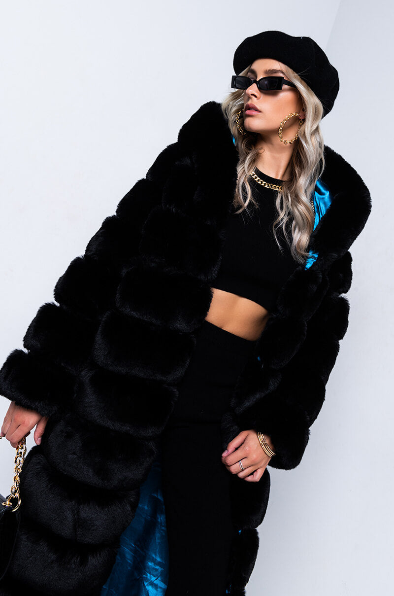 Front View Azalea Wang Faux Fur Panel Hooded Trench in Black